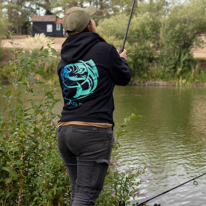 Tackling Minds Ultra Premium Black Fishing Hoodie In Use 7