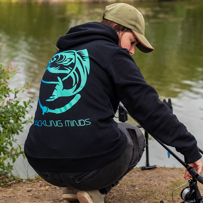 Tackling Minds Ultra Premium Black Fishing Hoodie In Use 6