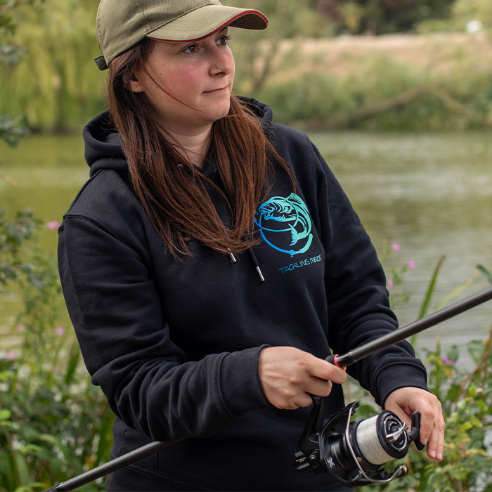 Tackling Minds Ultra Premium Black Fishing Hoodie In Use 1