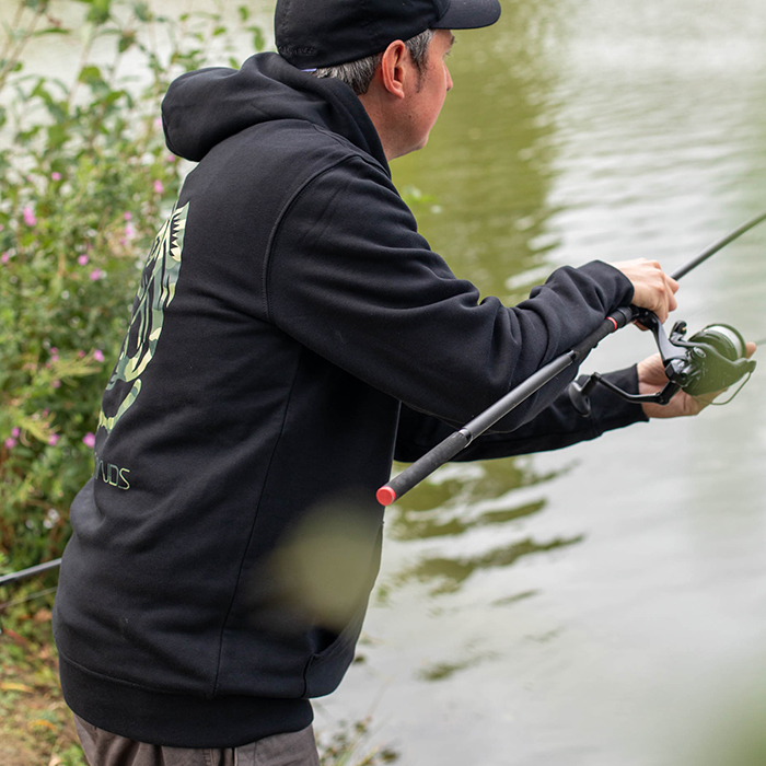 Tackling Minds Ultra Premium Black DPM Camo Fishing Hoodie In Use 3