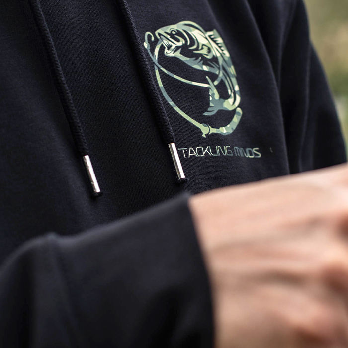 Tackling Minds Ultra Premium Black DPM Camo Fishing Hoodie Close Up Logo