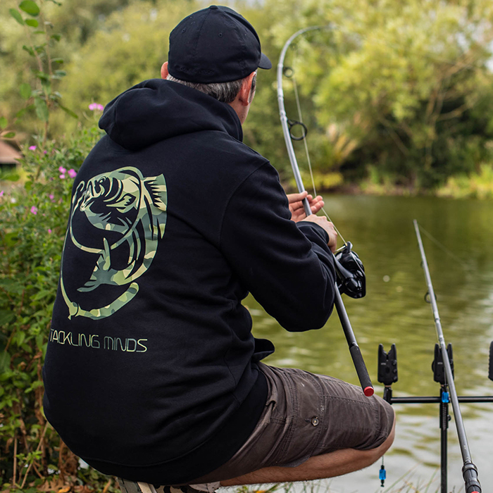 Tackling Minds Ultra Premium Black DPM Camo Fishing Hoodie In Use 5