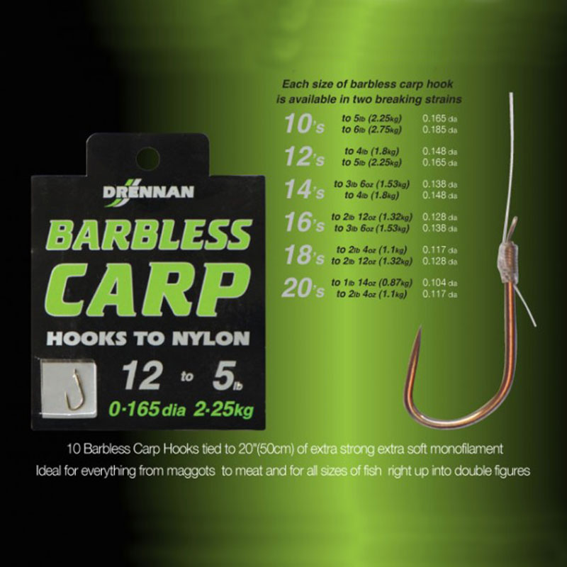 Drennan Barbless Carp Hooks to Nylon Sizes