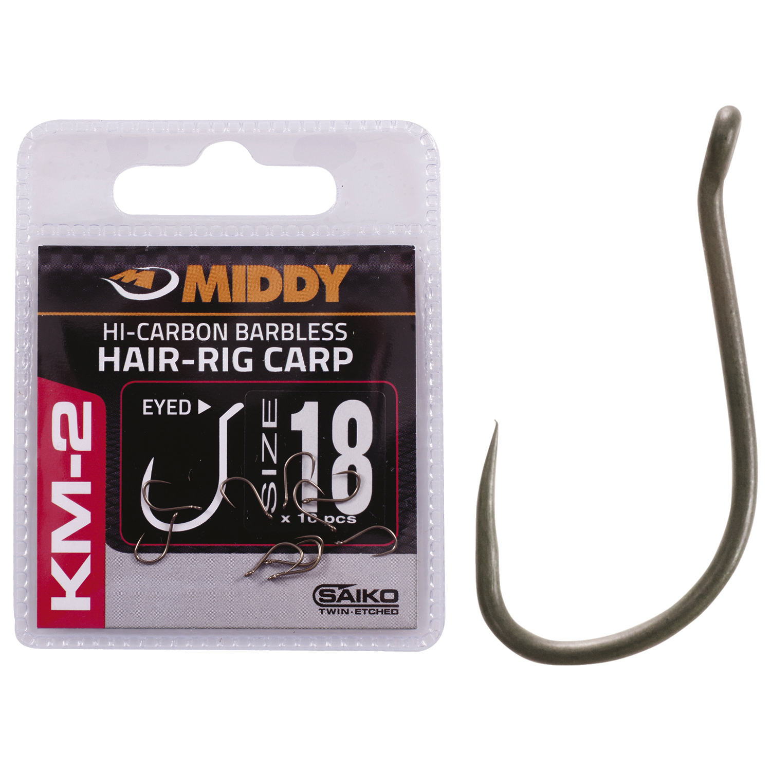 Middy KM-2 Hair-Rig Eyed Hooks Size 18 With Hook