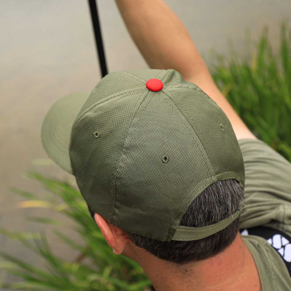 AD Fishing Baseball Caps Olive & Red In Use 3