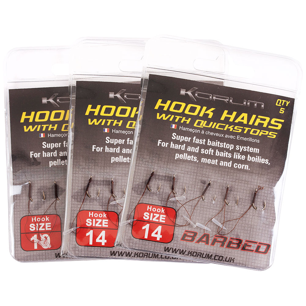 Korum Barbed Fishing Hook Hairs with Quickstops Sizes