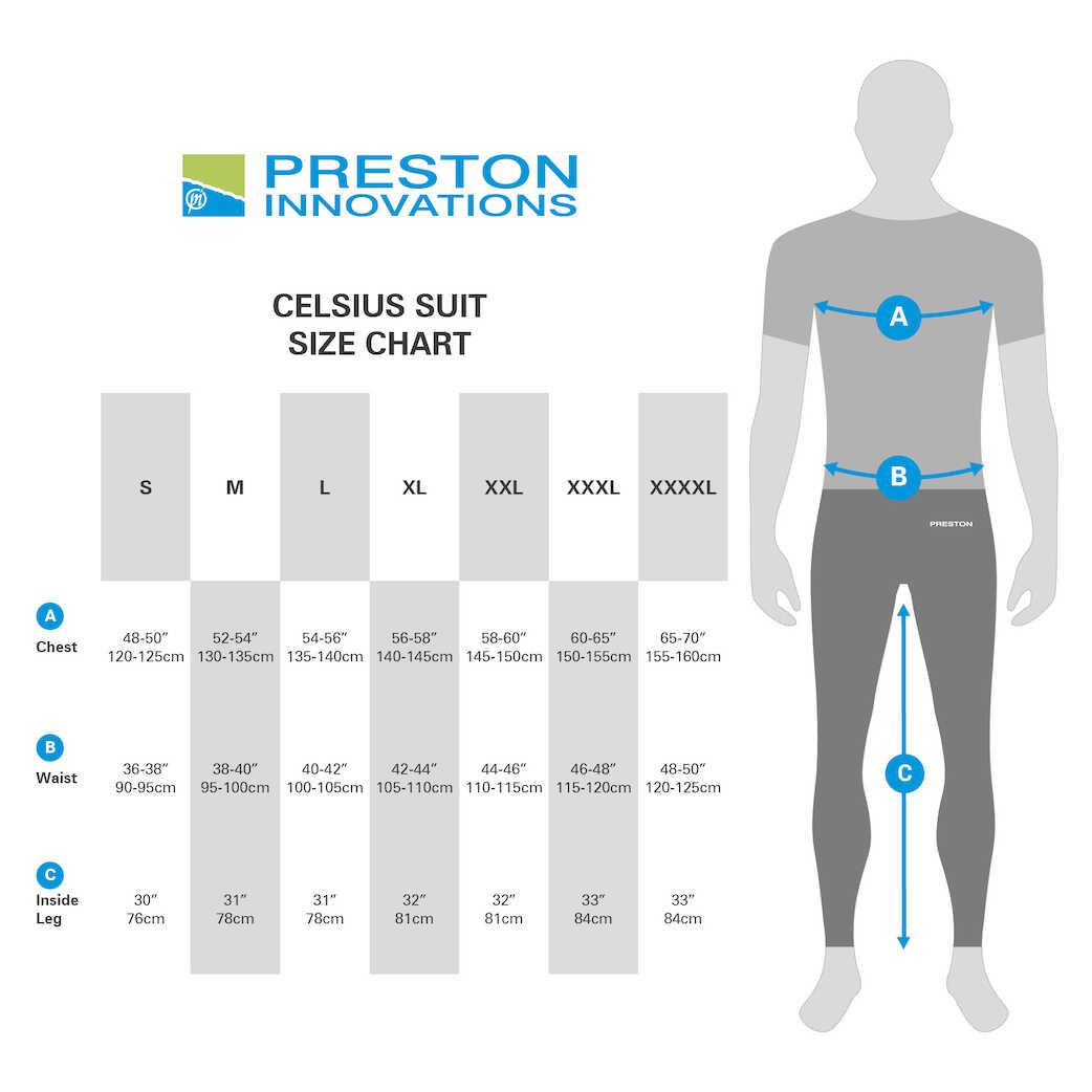 Preston Celcius Fishing Suit Size Guide