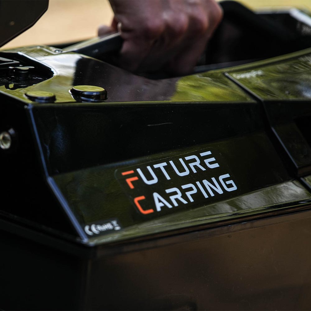 Future Carping V70 Black Fishing Bait Boat Close Up Branding